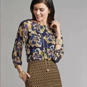 CABI Women’s Blue Yellow Long Sleeve Lydia Floral Blouse Size Medium Style #3426